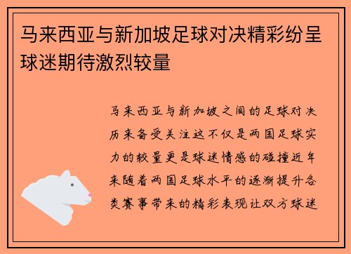 马来西亚与新加坡足球对决精彩纷呈球迷期待激烈较量